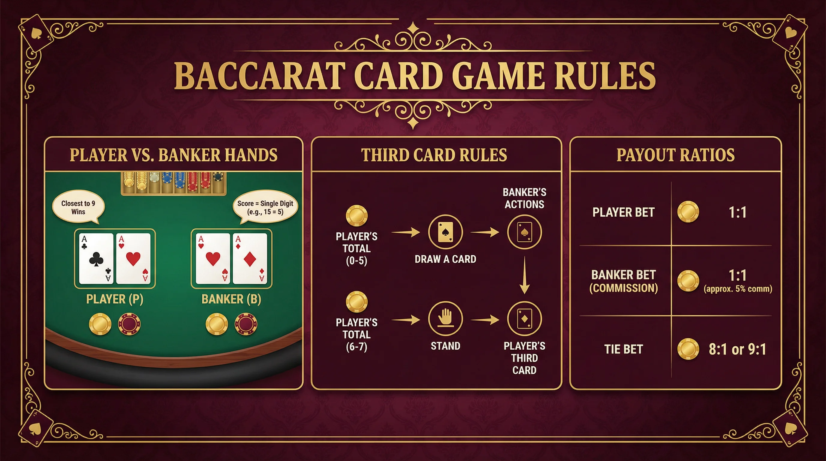 Regras e pagamentos do Bacará explicados visualmente